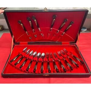 Vintage 18 pc horn bone inlay flatware cutlery set w/ case by S&A Haddad